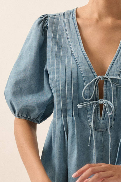 Denim Puff-Sleeve Tie-Front Pleated Romper