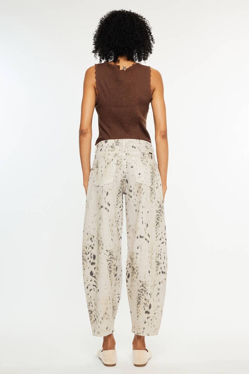 High Rise Abstract-Leopard Print Barrel Jean