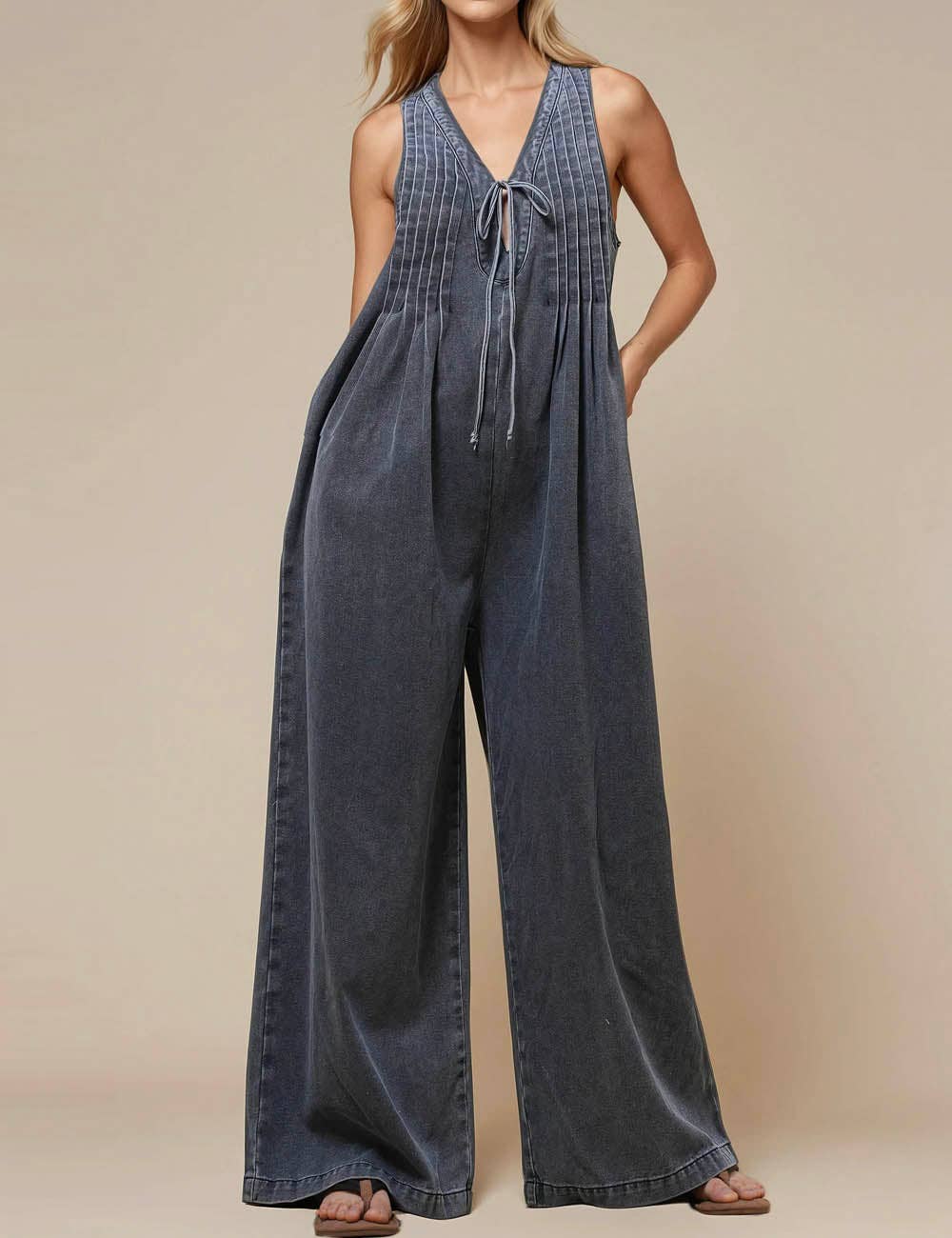 V-Neck Sleeveless String Tie Jumpsuit