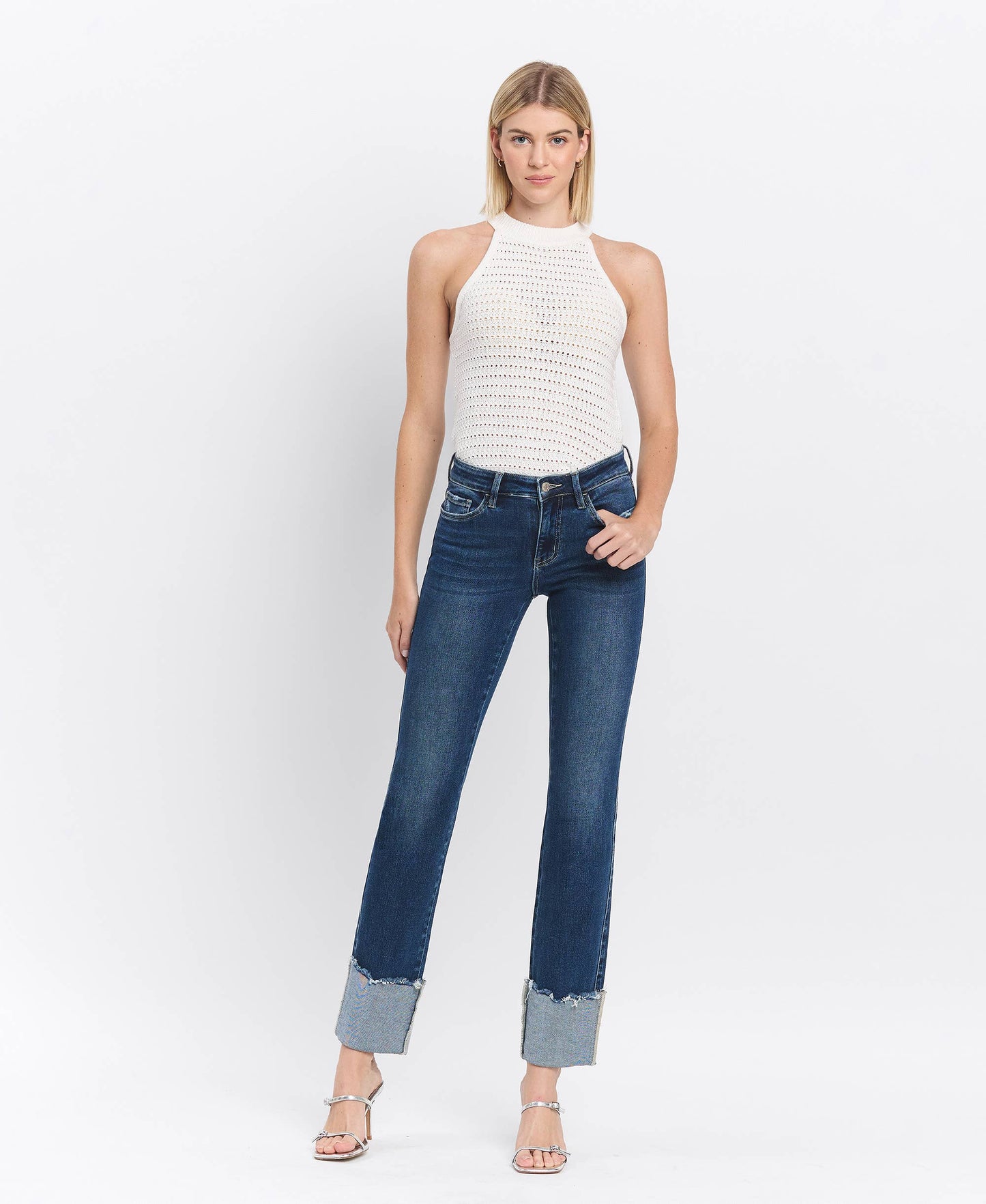 MID RISE CUFFED SLIM STRAIGHT JEANS LV1513