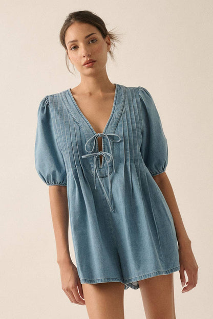 Denim Puff-Sleeve Tie-Front Pleated Romper