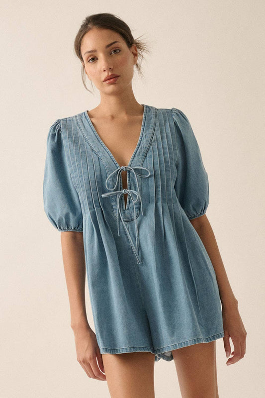 Denim Puff-Sleeve Tie-Front Pleated Romper