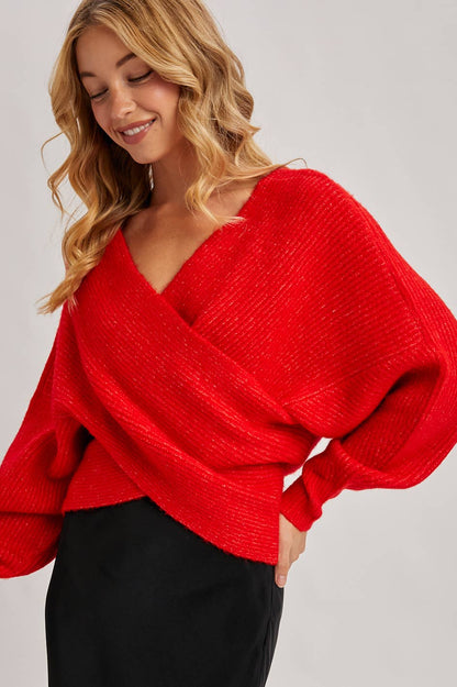 WRAP CROSSOVER RIBBED FUZZY KNIT SWEATER PULLOVER