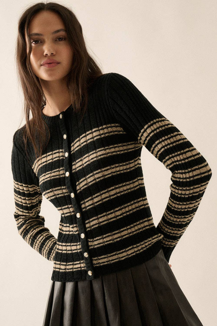 Striped Buttoned Rib-Knit Top