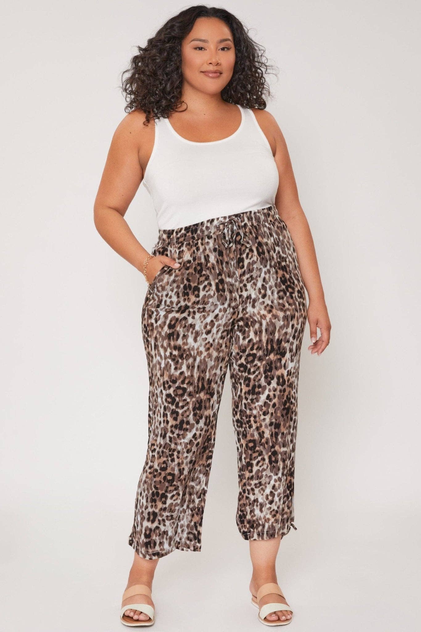 Plus Size Leopard Print Linen Elastic Waist Flood With Drawstring