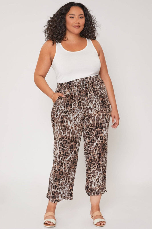 Plus Size Leopard Print Linen Elastic Waist Flood With Drawstring