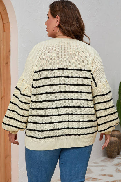 Khaki Plus Size Striped Drop Shoulder Puff Sleeve Sweater