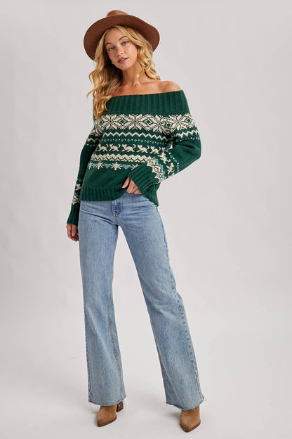 FAIR ISLE OFF SHOULDER KNIT SWEATER - HOLIDAY