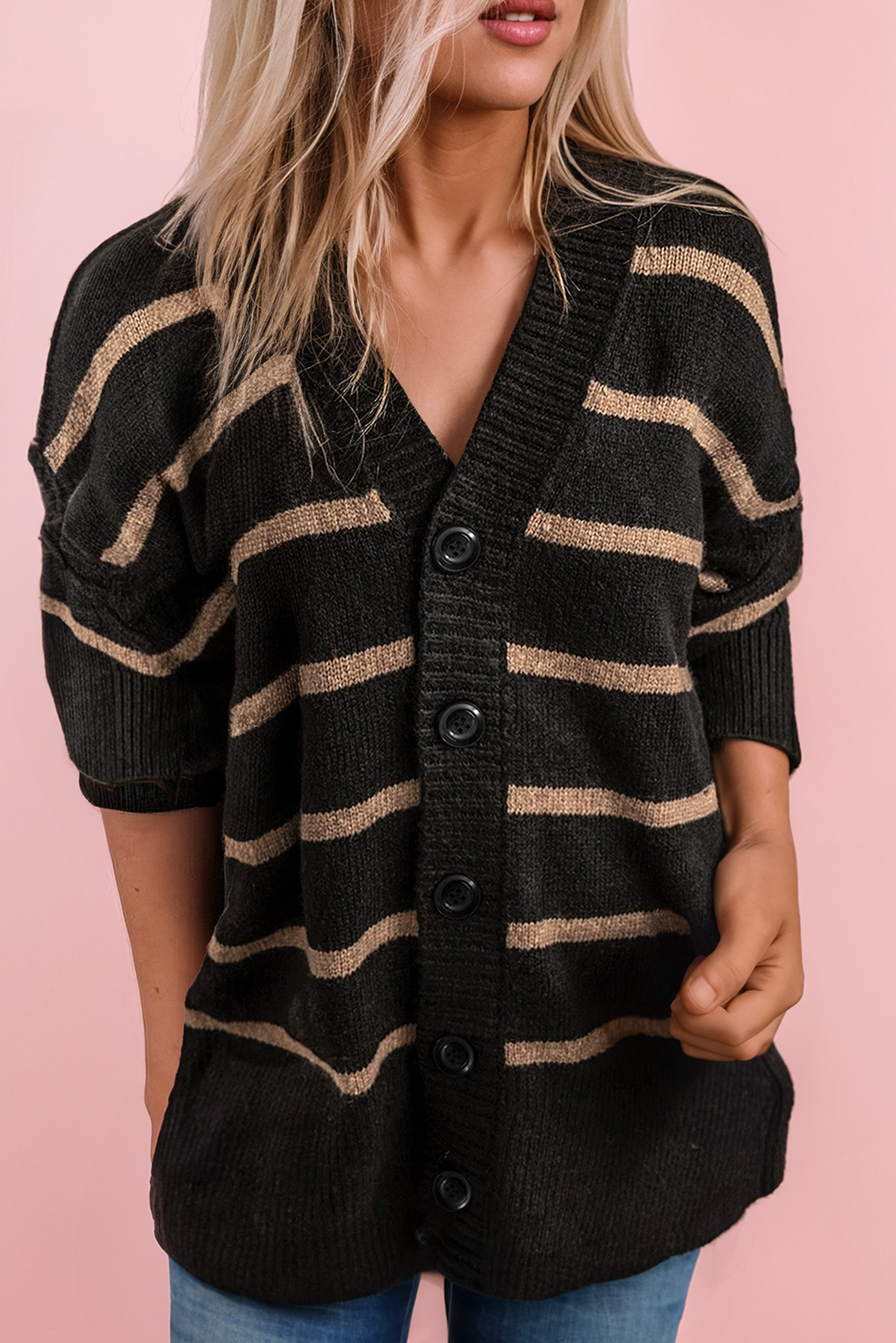 Plus Size Stripe Button V Neck Drop Shoulder Loose Cardigan