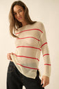 Red Striped Semi-Sheer Lightweight Knit Loose-Fit Sweater