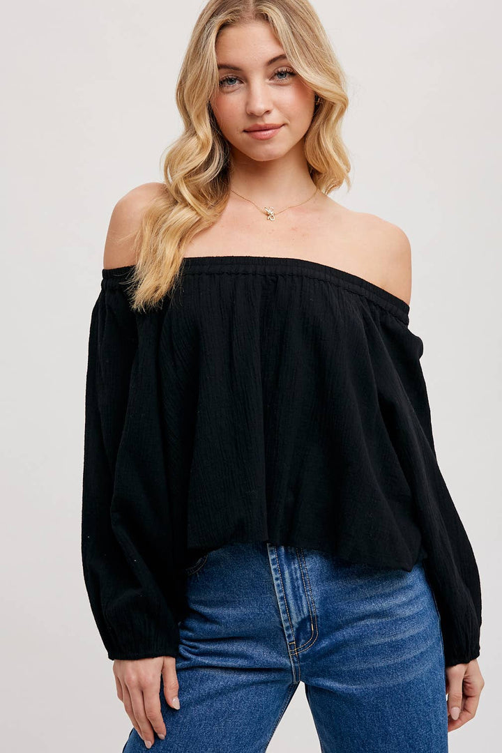 LINEN OFF THE SHOULDER BALLOON HEM TOP