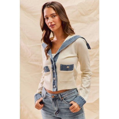 Denim Detail Cardigan Sweater