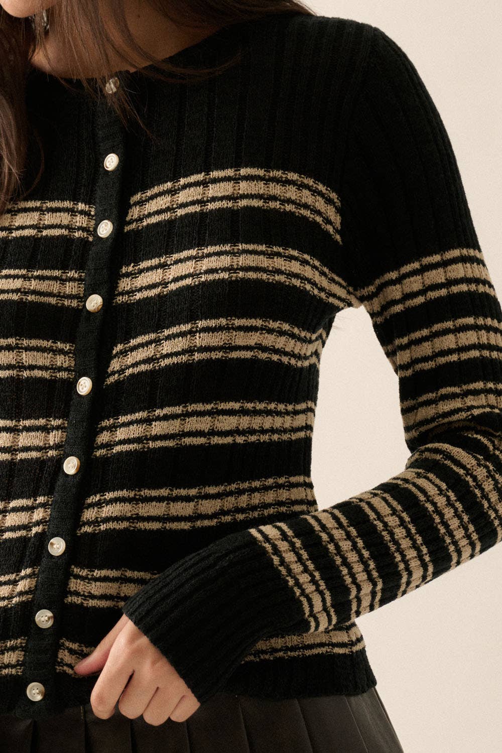 Striped Buttoned Rib-Knit Top