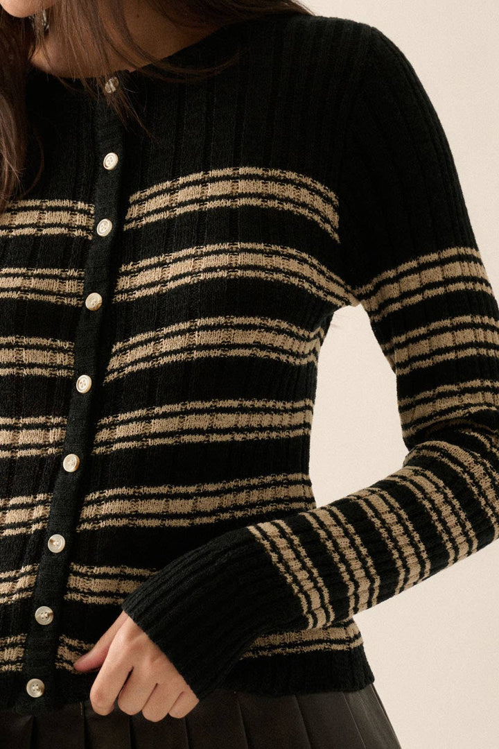 Striped Buttoned Rib-Knit Top