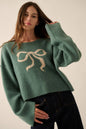 Solid Contrasting Ribbon-Bow Knit Sweater