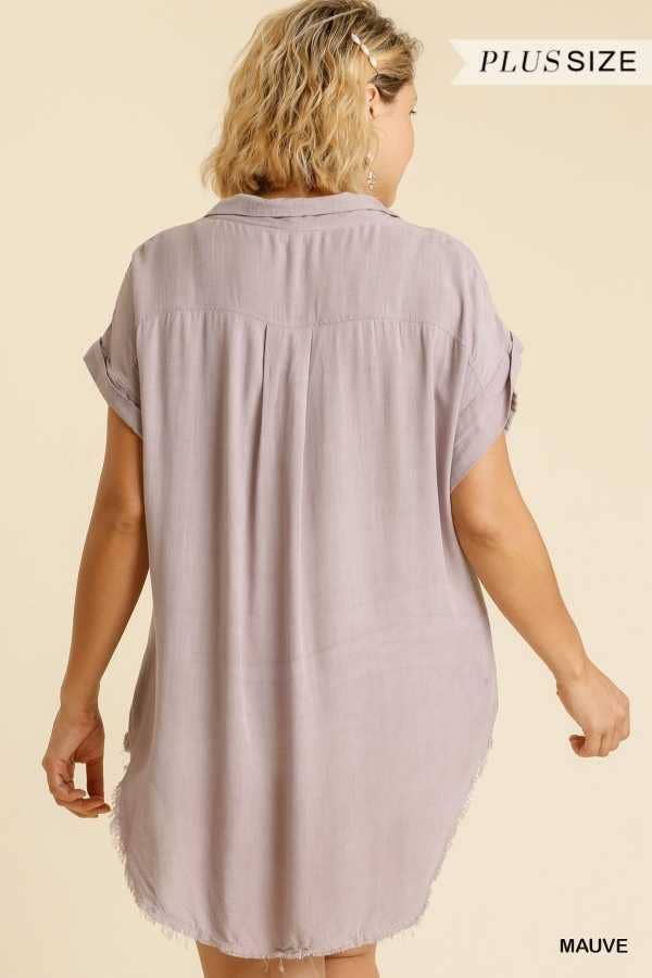 Plus Size Washed Button Down Frayed Hem Top