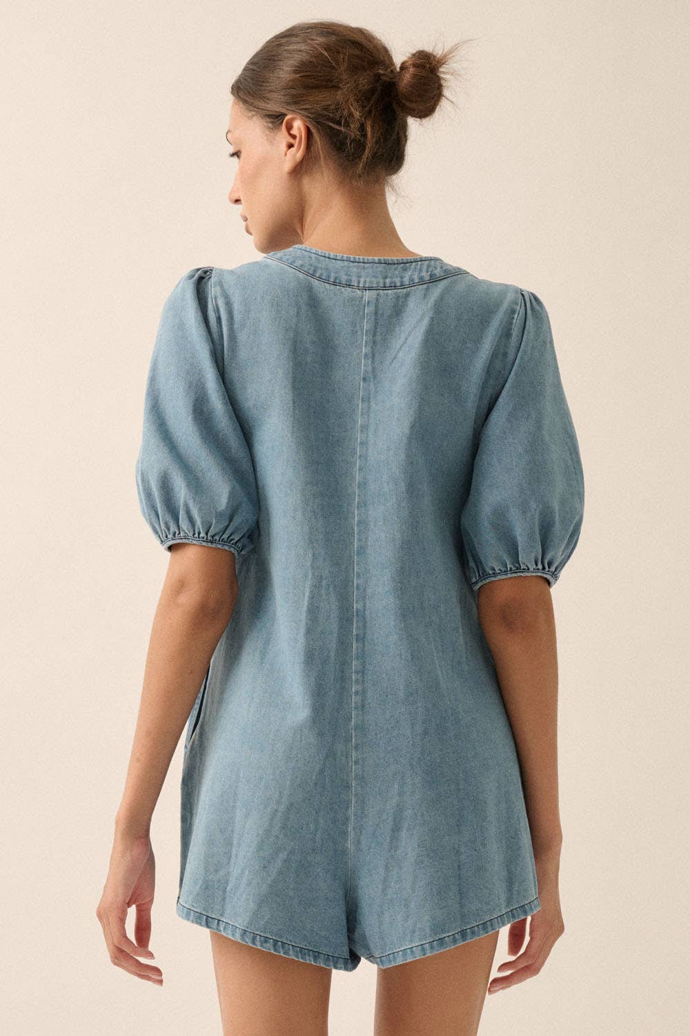 Denim Puff-Sleeve Tie-Front Pleated Romper