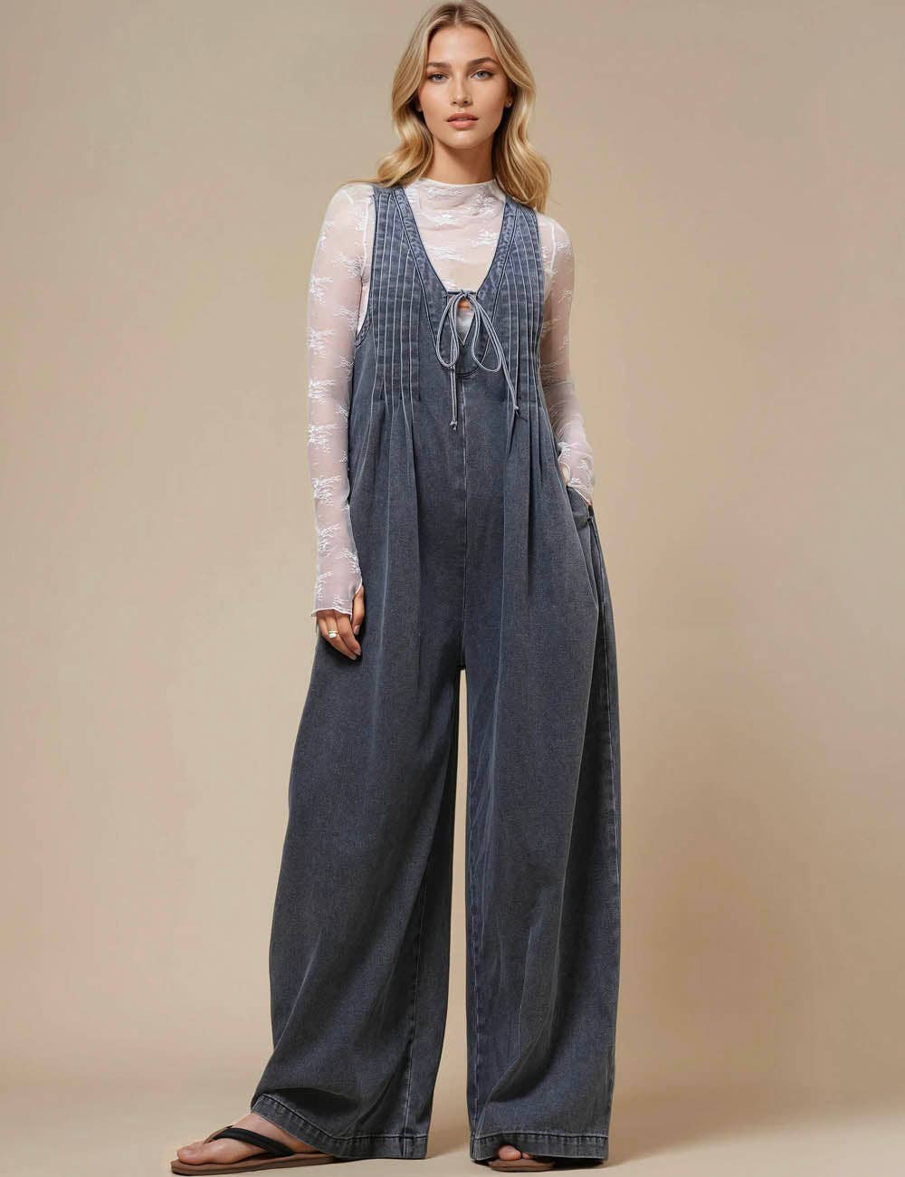 V-Neck Sleeveless String Tie Jumpsuit