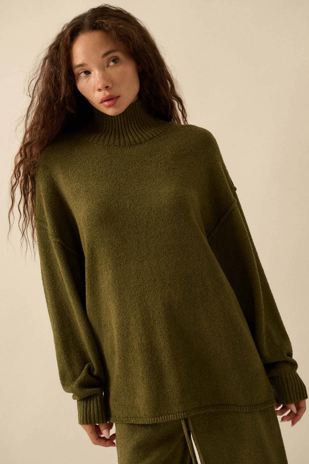 Textured Knit Exposed-Seam Mock-Neck Sweater
