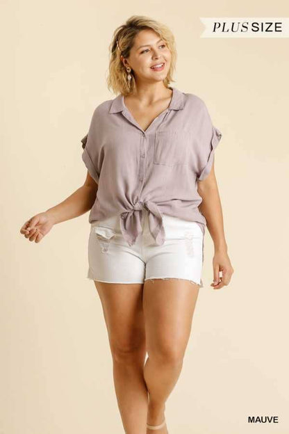 Plus Size Washed Button Down Frayed Hem Top