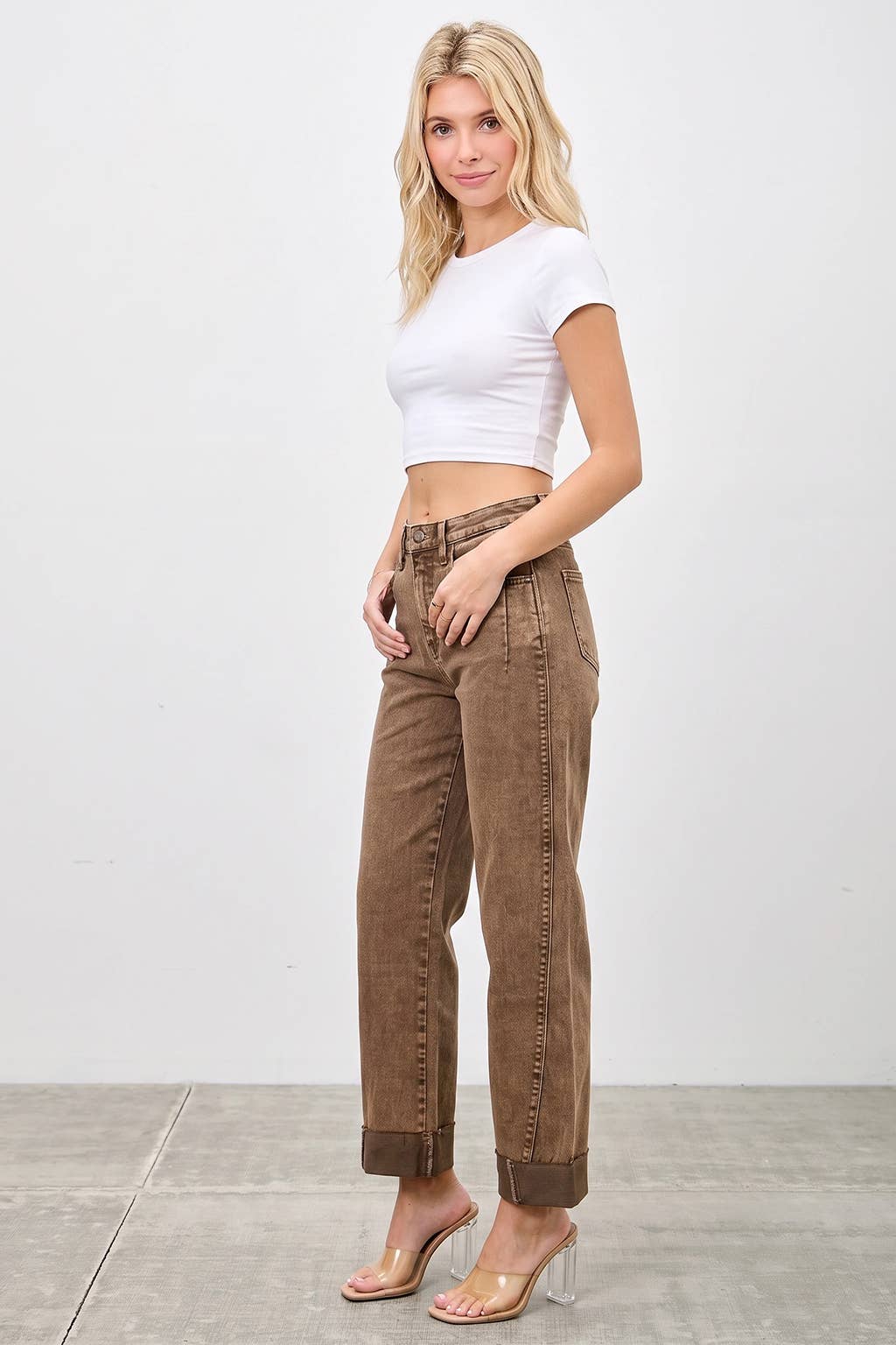 Mocha High Rise Cuffed Denim