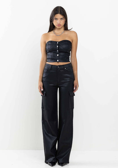 Black Coated Denim Strapless Top