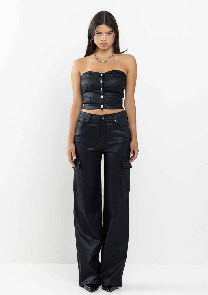 Black Coated Denim Strapless Top