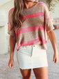 Stripe Colorblock Short Sleeve Crew Neck Lightweight Sweater