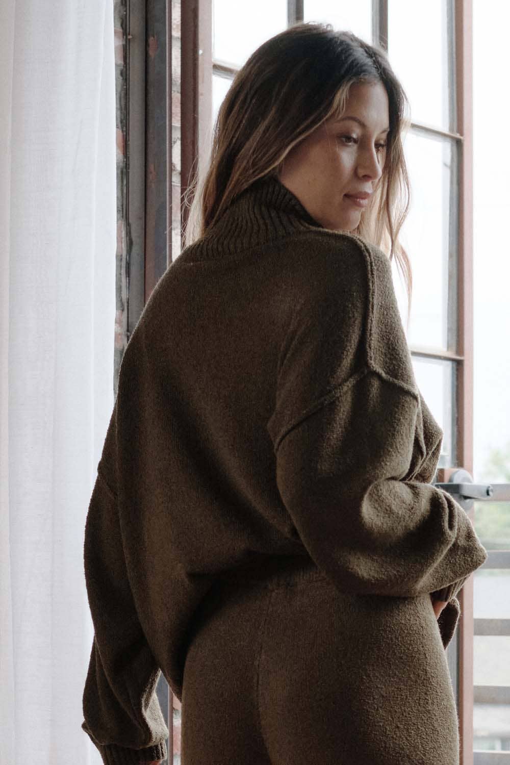 Textured Knit Exposed-Seam Mock-Neck Sweater