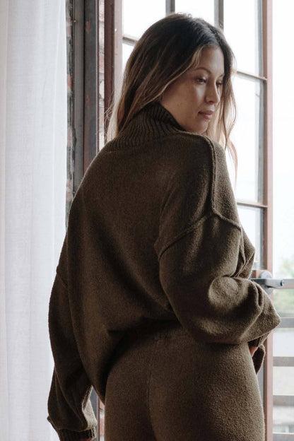 Textured Knit Exposed-Seam Mock-Neck Sweater