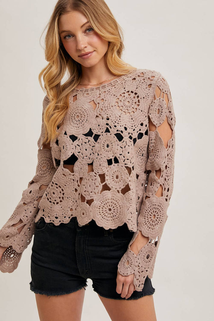 BELL SLEEVED SHEER CROCHET TOP