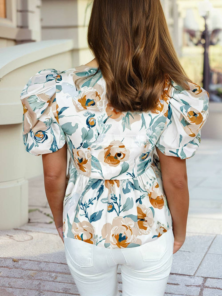 Floral Print Puff Sleeve V Neck Babydoll Blouse