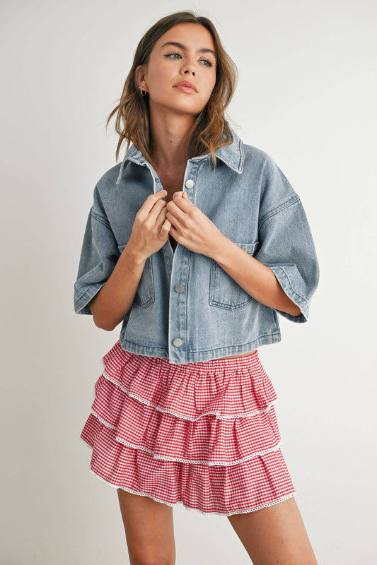 Button Front Cropped Denim Shirt