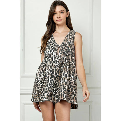 Leopard Print Pleated V Neck Sleeveless Romper