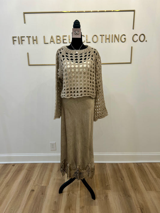 Mocha Viscose Maxi Skirt with Lace Hem