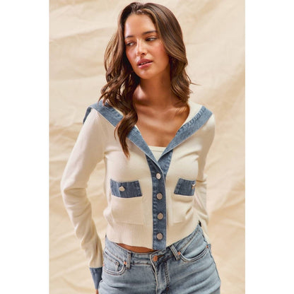 Denim Detail Cardigan Sweater