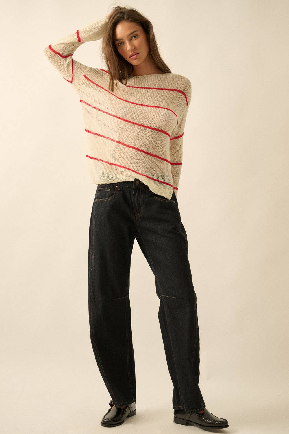 Red Striped Semi-Sheer Lightweight Knit Loose-Fit Sweater