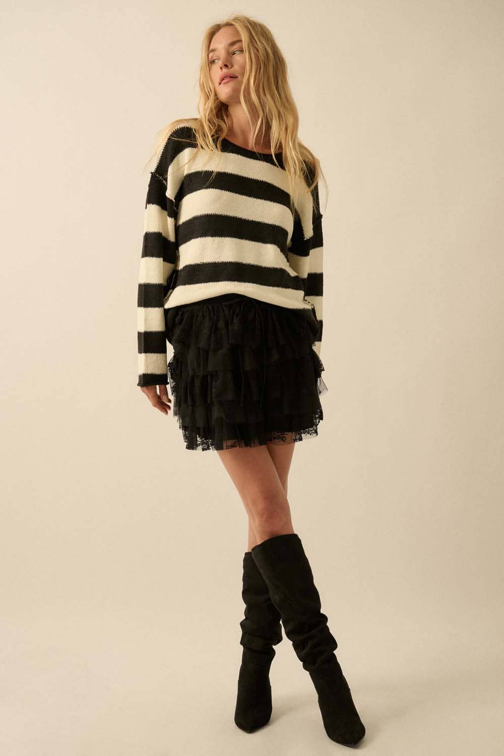 Textured Striped Knit Rolled-Edge Sweater