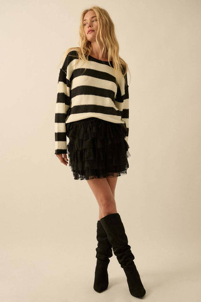 Textured Striped Knit Rolled-Edge Sweater