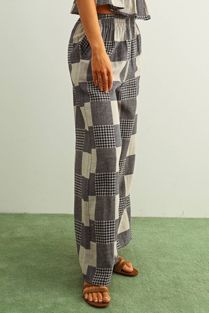 GINGHAM AND STRIPE PATCH EFFECT PANTS