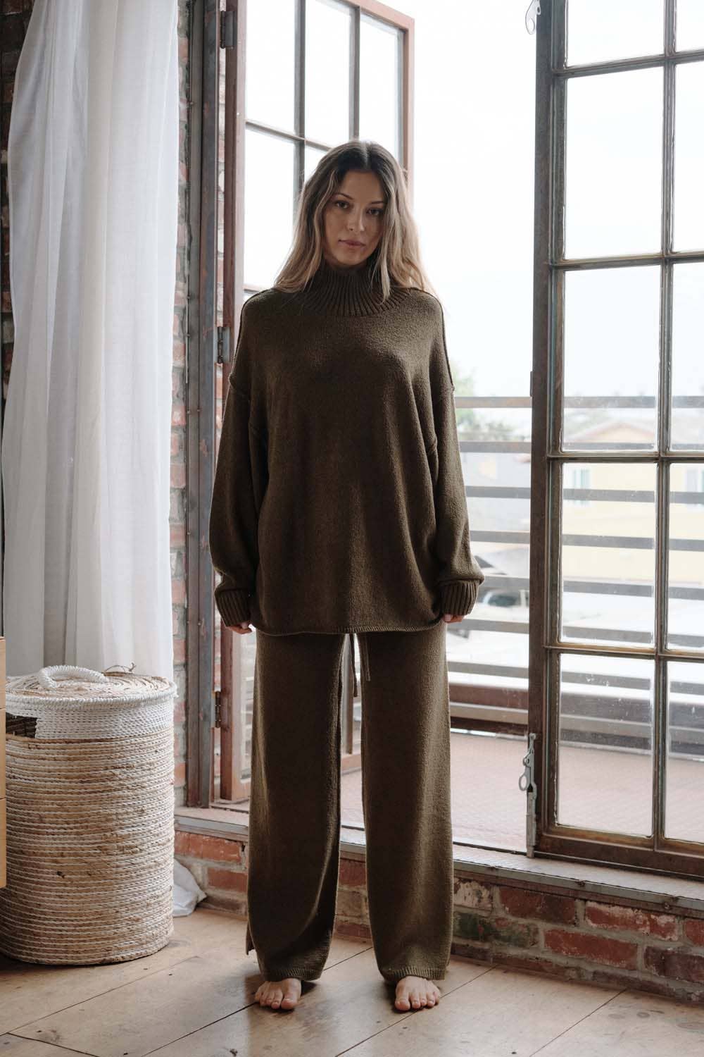 Textured Knit Exposed-Seam Mock-Neck Sweater