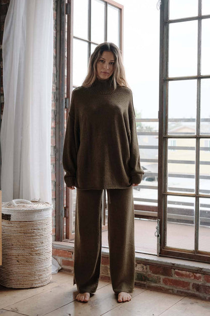 Textured Knit Exposed-Seam Mock-Neck Sweater