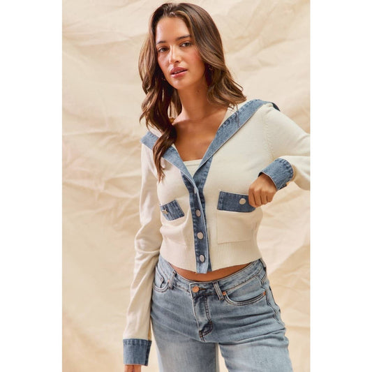 Denim Detail Cardigan Sweater