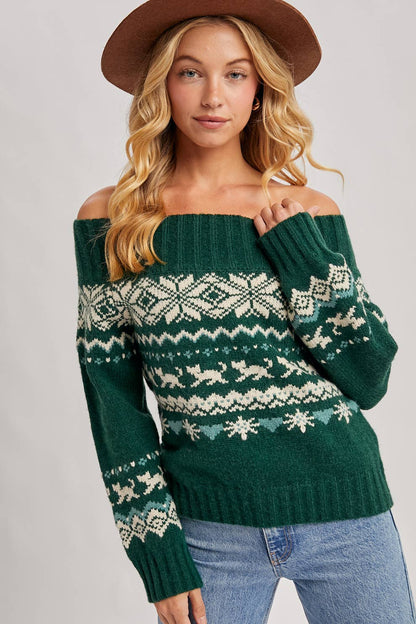 FAIR ISLE OFF SHOULDER KNIT SWEATER - HOLIDAY
