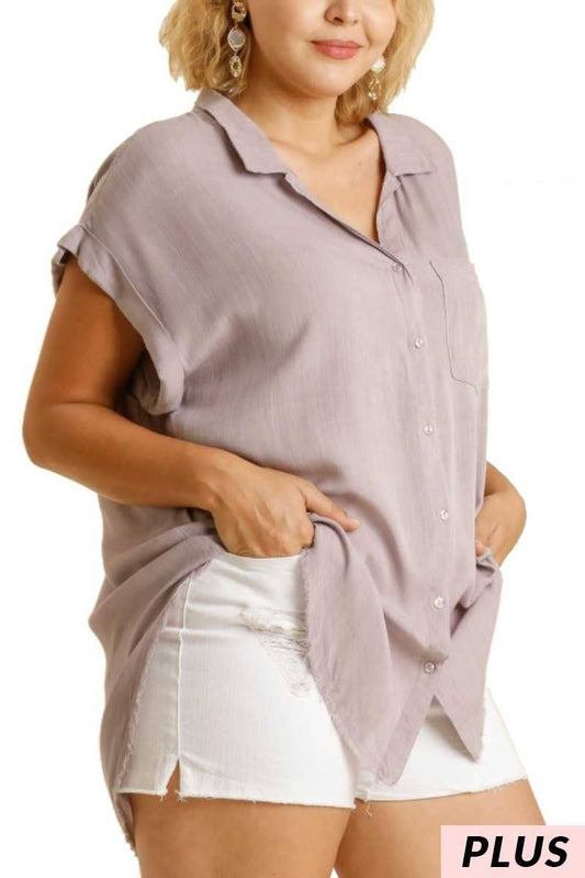 Plus Size Washed Button Down Frayed Hem Top