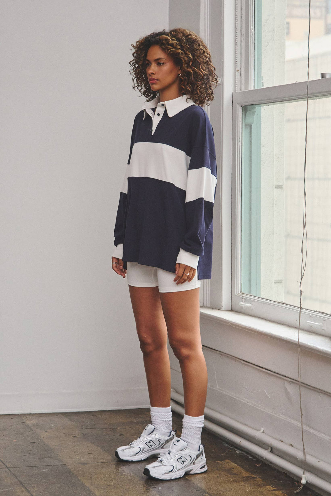 Stripe rugby polo top & biker shorts set