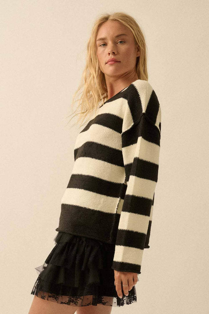 Textured Striped Knit Rolled-Edge Sweater