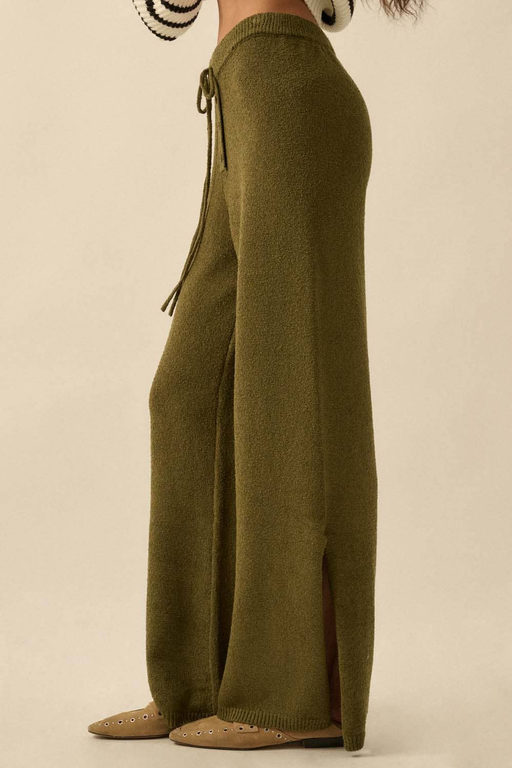 Textured Knit Split-Hem Drawstring Sweater Pants