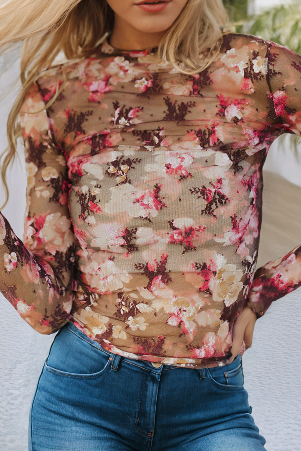 LDC Floral Print Sheer Mesh Long Sleeve Top