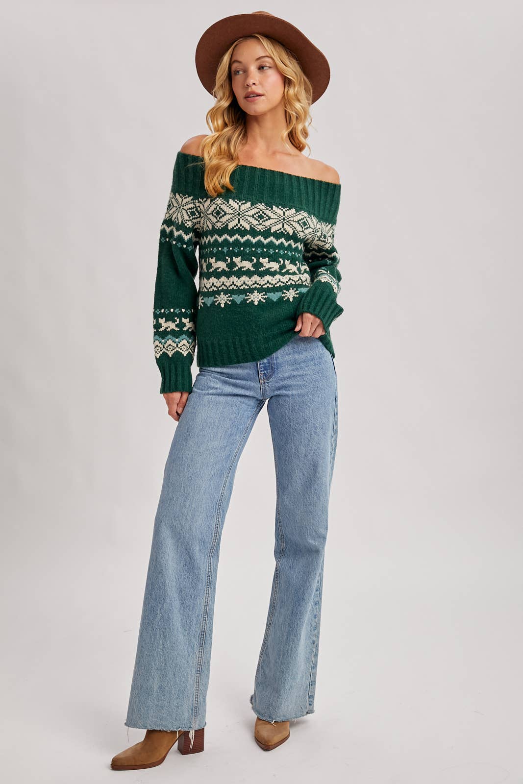 FAIR ISLE OFF SHOULDER KNIT SWEATER - HOLIDAY